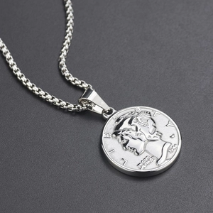 Retro titanium steel coin necklace with embossed portrait pendant on silver box chain
