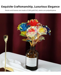 Detailed close-up of 24k gold foil artificial roses with iridescent metallic petals in a vase