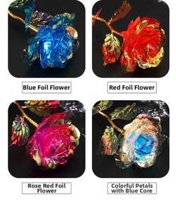 Macro detail of 24k gold foil artificial roses in blue, red, pink, and holographic colors