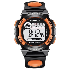 Waterproof digital sports watch for students with orange accents and black resin strap