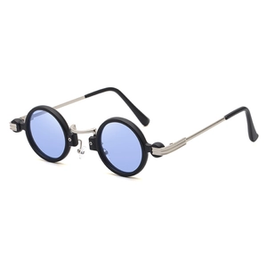 Steampunk round sunglasses with black frames, blue lenses and textured metal joints