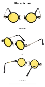 Three-view montage of retro steampunk round sunglasses with black frames and yellow lenses