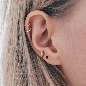 Detailed view of S925 silver snake earring set with gold finish and black zircon studs