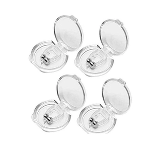 Set of 4 magnetic silicone anti-snoring nose clips with storage cases on white background