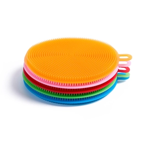 Five colorful silicone dish brushes in a stack, durable kitchen cleaning scrubbers