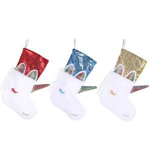 Plush unicorn Christmas stockings set with colorful sequins and white faux fur