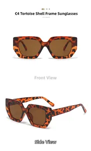 Detail view of tortoiseshell square sunglasses with tea-colored lenses from multiple angles