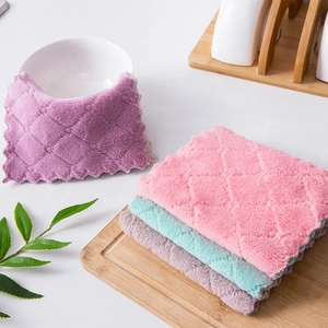 Thick coral fleece dishcloths set with wave edges and embossed texture for kitchen cleaning