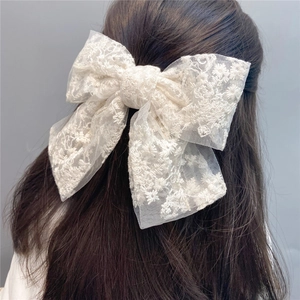 Large Lace Bow Hair Clip Layered Mesh Floral Embroidery Spring Barrette Headwear Elegant Styling For Women Girls