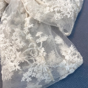 Detailed macro view of white floral lace embroidery on sheer mesh fabric of hair clip
