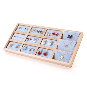 Beech wood jewelry display tray with 12 compartments and blue velvet lining for rings