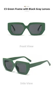Front and side view of oversized green square sunglasses with dark grey lenses