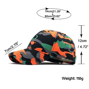 Detailed size chart of camouflage baseball cap with measurements for brim and head circumference
