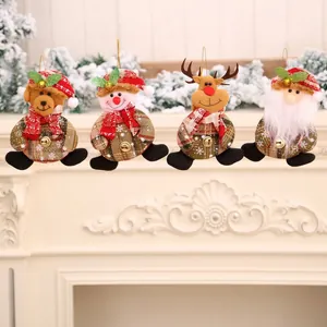 Set of four plush Christmas ornaments featuring Santa, reindeer, snowman, and bear with bells