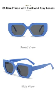 Close-up of modern blue square sunglasses with dark grey lenses in front and side views