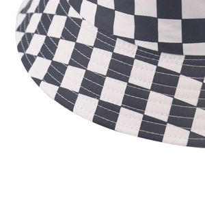 Harajuku black and white checkerboard bucket hat with detailed stitching and twill fabric
