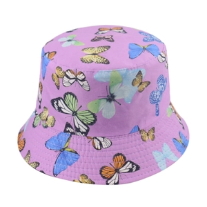 Purple bucket hat with colorful butterfly print and sun protection for women