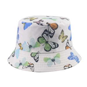 Detailed view of white fisherman hat with colorful butterfly prints and cotton texture