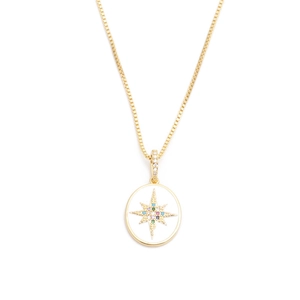 Goldhalskette mit ovalem Anhänger, buntem Zirkonia-Sternbild und weißem Inlay-Design