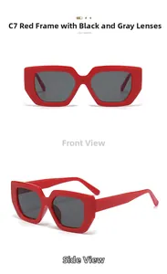 Front and 45-degree views of red square oversized sunglasses with dark grey lenses