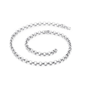 Interlocking silver stainless steel O-chain necklace spiraled on a white background