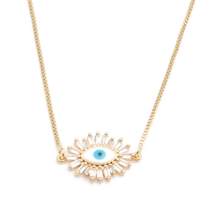 Collana a catena box dorata con pendente occhio greco con zirconi e smalto blu
