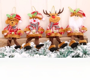 Detail of Christmas plush pendants with bells including Santa, reindeer, bear, and snowman