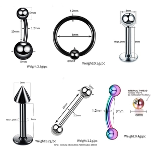 Detailed size specifications for stainless steel body piercing jewelry with internal threads