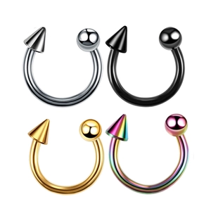 Detailed set of 4 stainless steel horseshoe rings in silver, black, gold, and rainbow colors