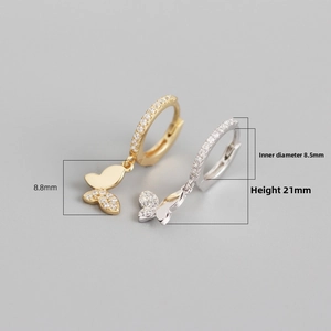Détail des boucles d'oreilles papillon en argent S925: hauteur 21mm et diamètre interne 8,5mm