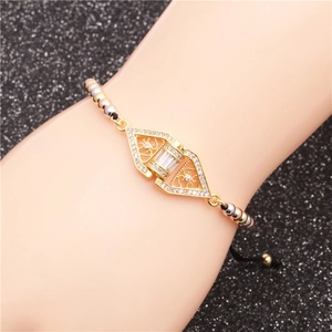 Adjustable bohemian bracelet featuring tricolor metal beads and micro-pave zircon charm