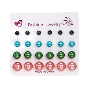 Detailed set of 12 pairs of alloy stud earrings in four colors on a white card display