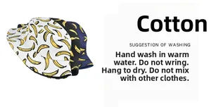 Detail of printed cotton bucket hats in three colors with care instructions for summer use