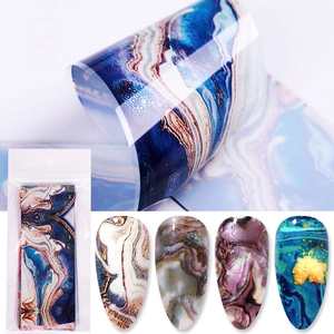Blue marble nail foil transfers stickers with colorful agate pattern and star effects