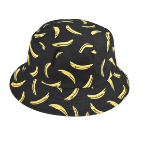 Close-up of black bucket hat featuring yellow banana print and detailed stitching