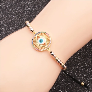 Evil Eye adjustable bracelet with colorful cubic zirconia and multi-tone beads for women