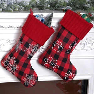 Classic 18-inch red and black plaid Christmas stockings with snowflake and paw embroidery