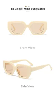Detailed front and side views of beige C8 rectangle sunglasses with brown lenses