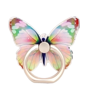 Detailed macro view of colorful butterfly phone ring holder with rotatable metal stand