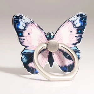 Detail of artistic butterfly phone ring holder with colorful patterns and metal kickstand