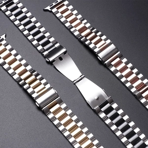 Three-link stainless steel watch bands for Apple Watch in silver, gold, and rose gold colors