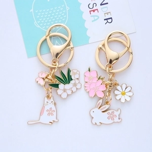Cute Cartoon Enamel Rabbit Cat Keychain Gold Zinc Alloy Cherry Blossom Daisy Floral Bag Pendant Key Ring For Women Girls