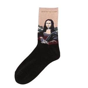 Close-up of Mona Lisa portrait knitted on black cotton mid-calf socks for men