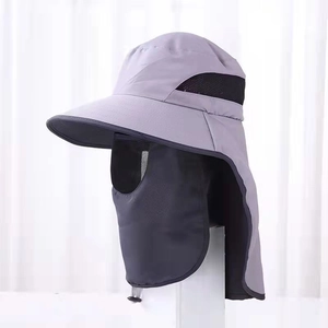 Detail view of grey sun hat showing removable face mask and neck protection with mesh vents