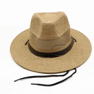 Breathable men's fedora straw hat with mesh panel and wind rope for beach sun protection