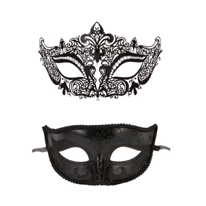 Set of black filigree metal Venetian masks with intricate rhinestones and embossed patterns