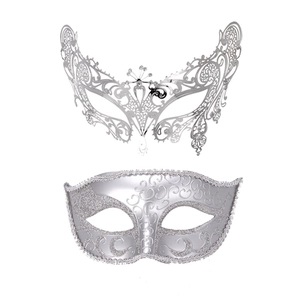 Detailed silver laser-cut metal mask and matching glitter party eye mask set