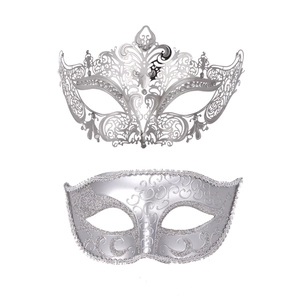 Detail of silver masquerade masks set featuring filigree metalwork and glitter patterns
