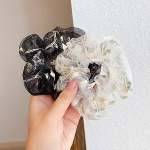 Elegant Korean style large lace hair ties with delicate floral embroidery in black and cream