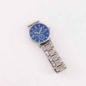 Fashionable men's blue dial wristwatch with silver steel band and chronograph display